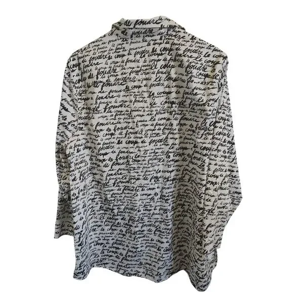 Chico’s Script Print Blouse Black White Button Front Lightweight Top 2/Large - Picture 3 of 5